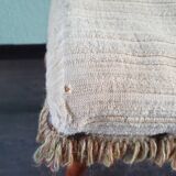 Vintage wooden footrest with 1970 fringed fabric coating