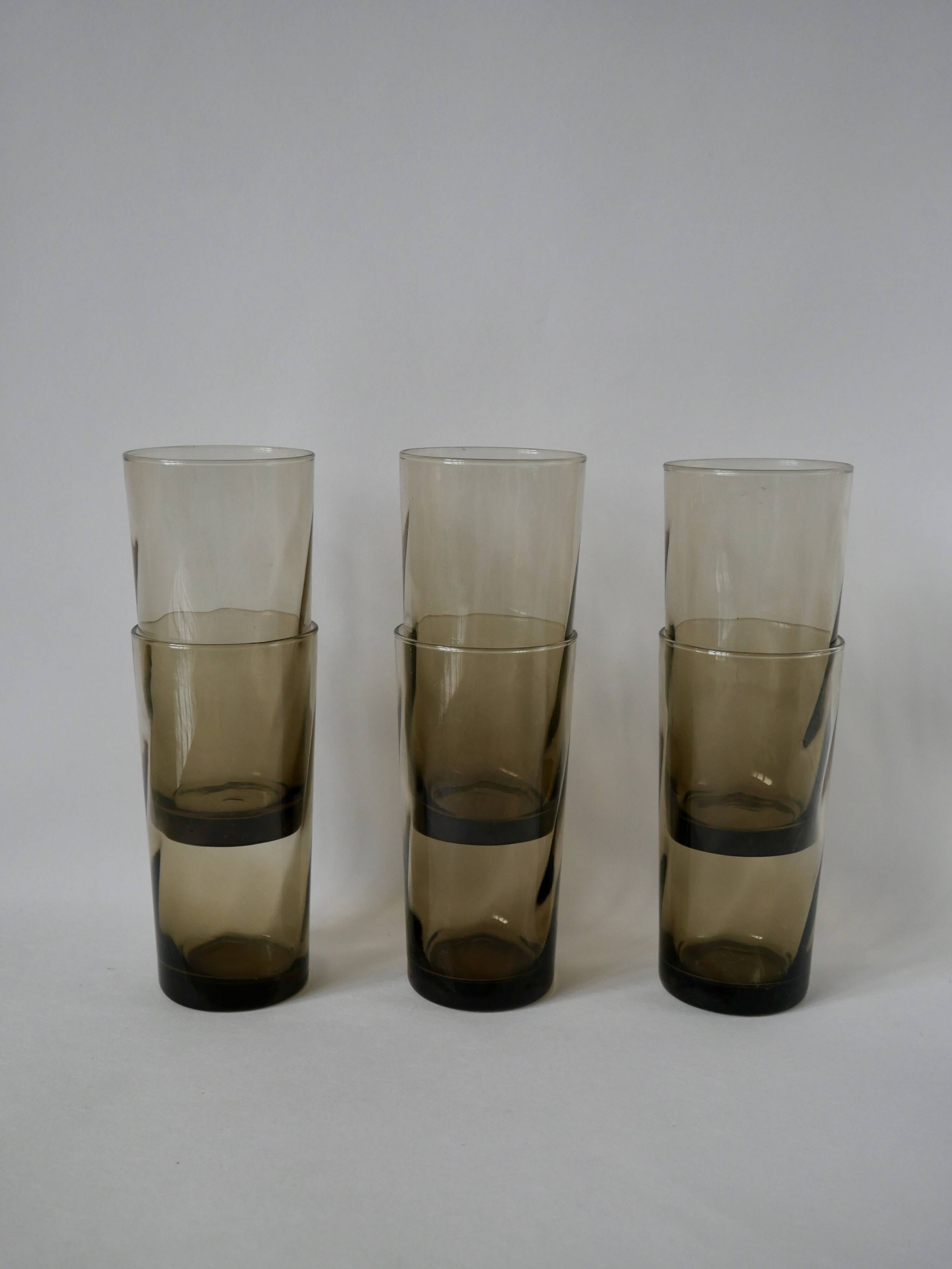 Set of 6 70s Long Drink design smoked glasses