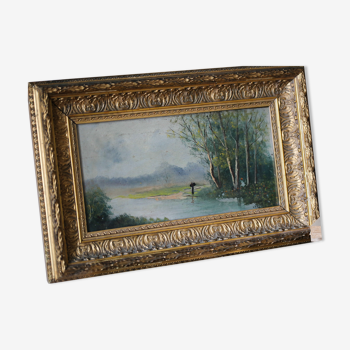 Peinture sur panneau "Un homme solitaire contemplatif dans un paysage lacustre", L.Henry