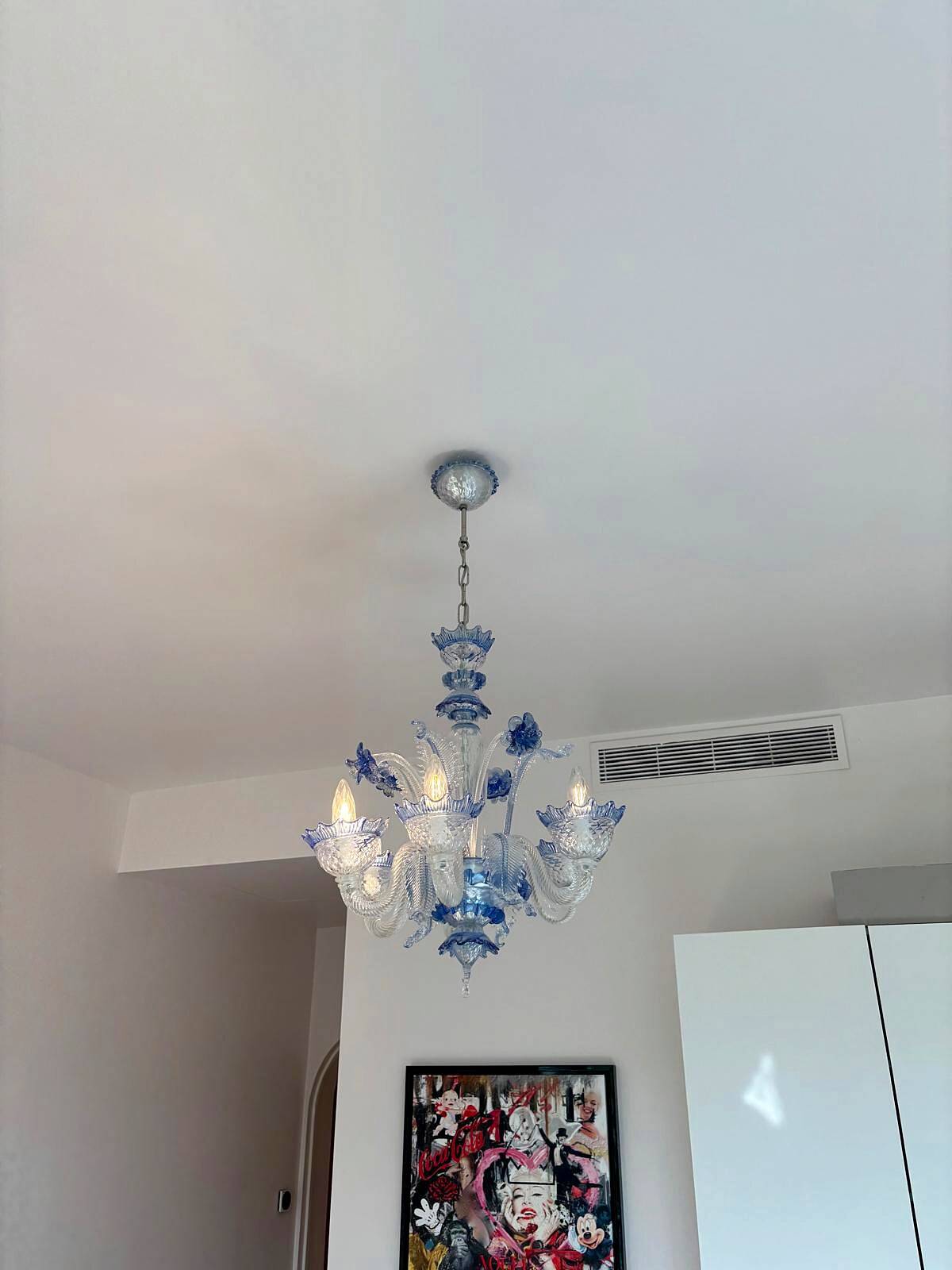 Venetian chandelier in blue Murano glass and crystal, 6 arms