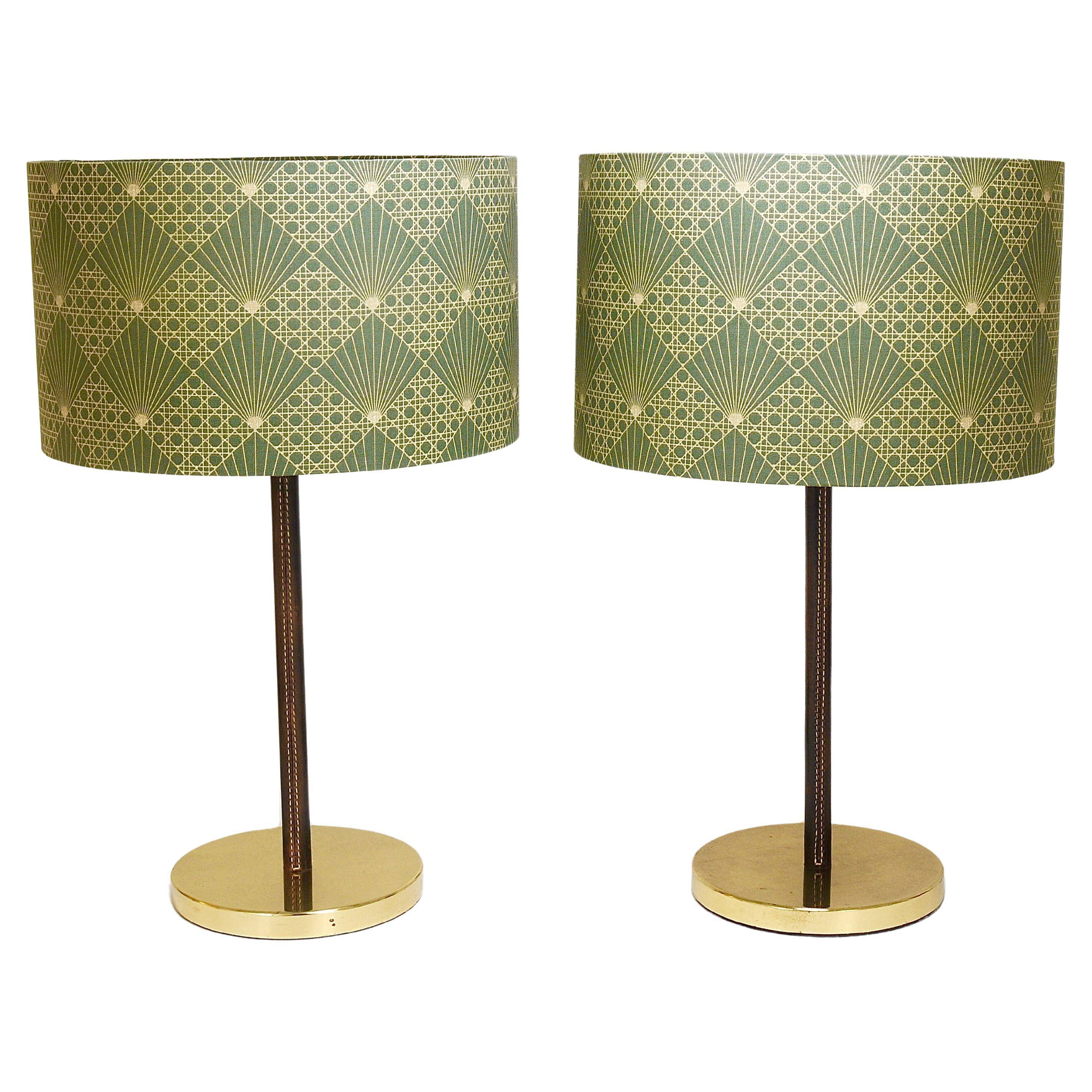 Pair of table lamps or accent lamps in brass and leather by J.T. Kalmar, Mid-Century, Austria, 1960s.
