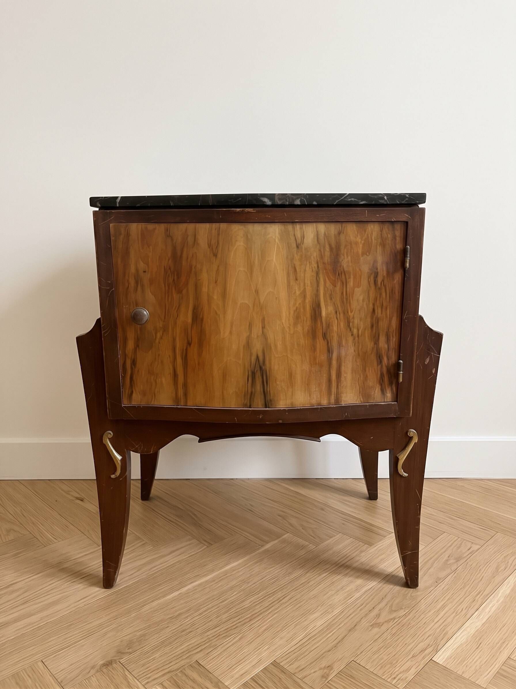 Pair of Art Deco bedside tables in wood and black marble