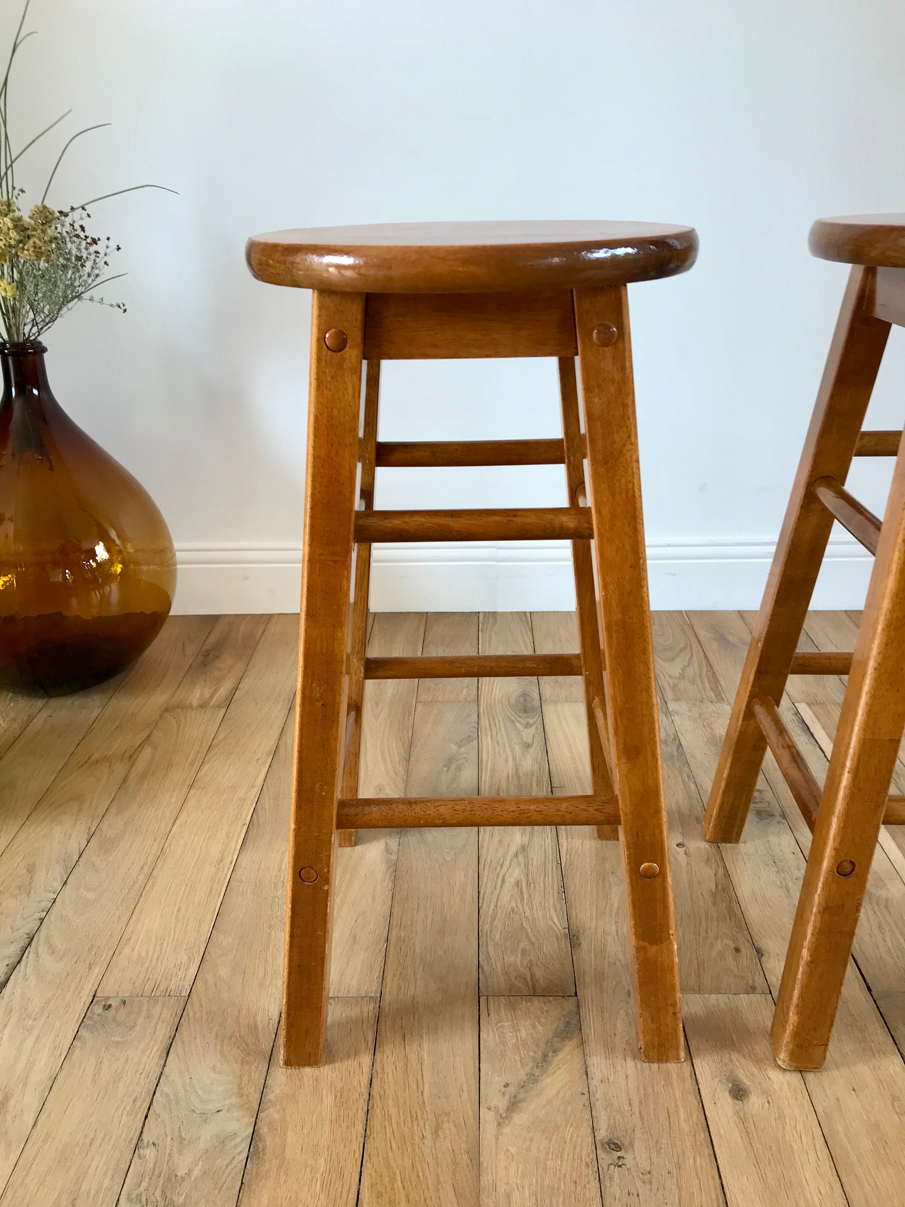Pair of high stools / bar varnished wood 60-70s