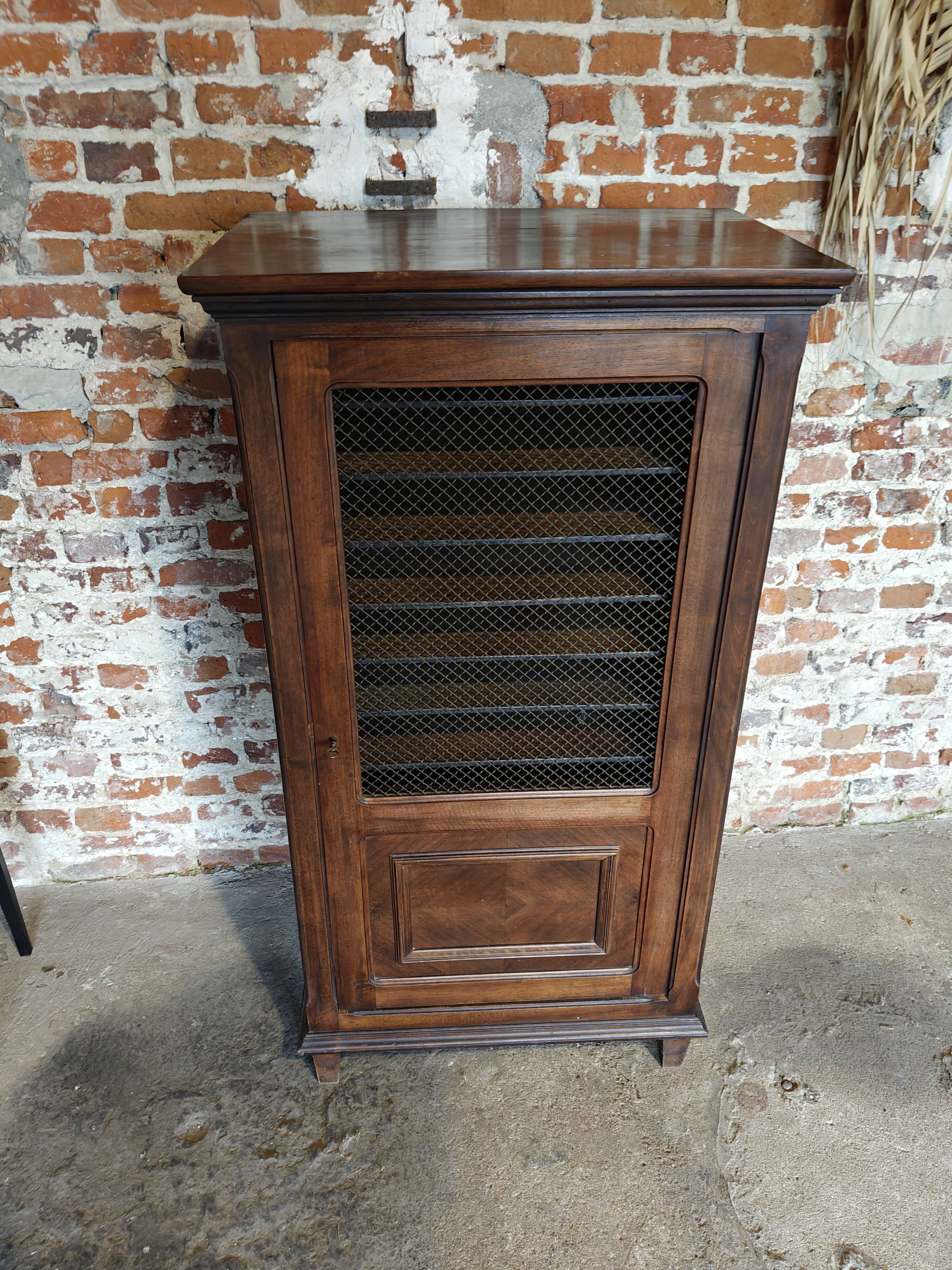 Antique printer's style wooden workshop furniture – mesh door