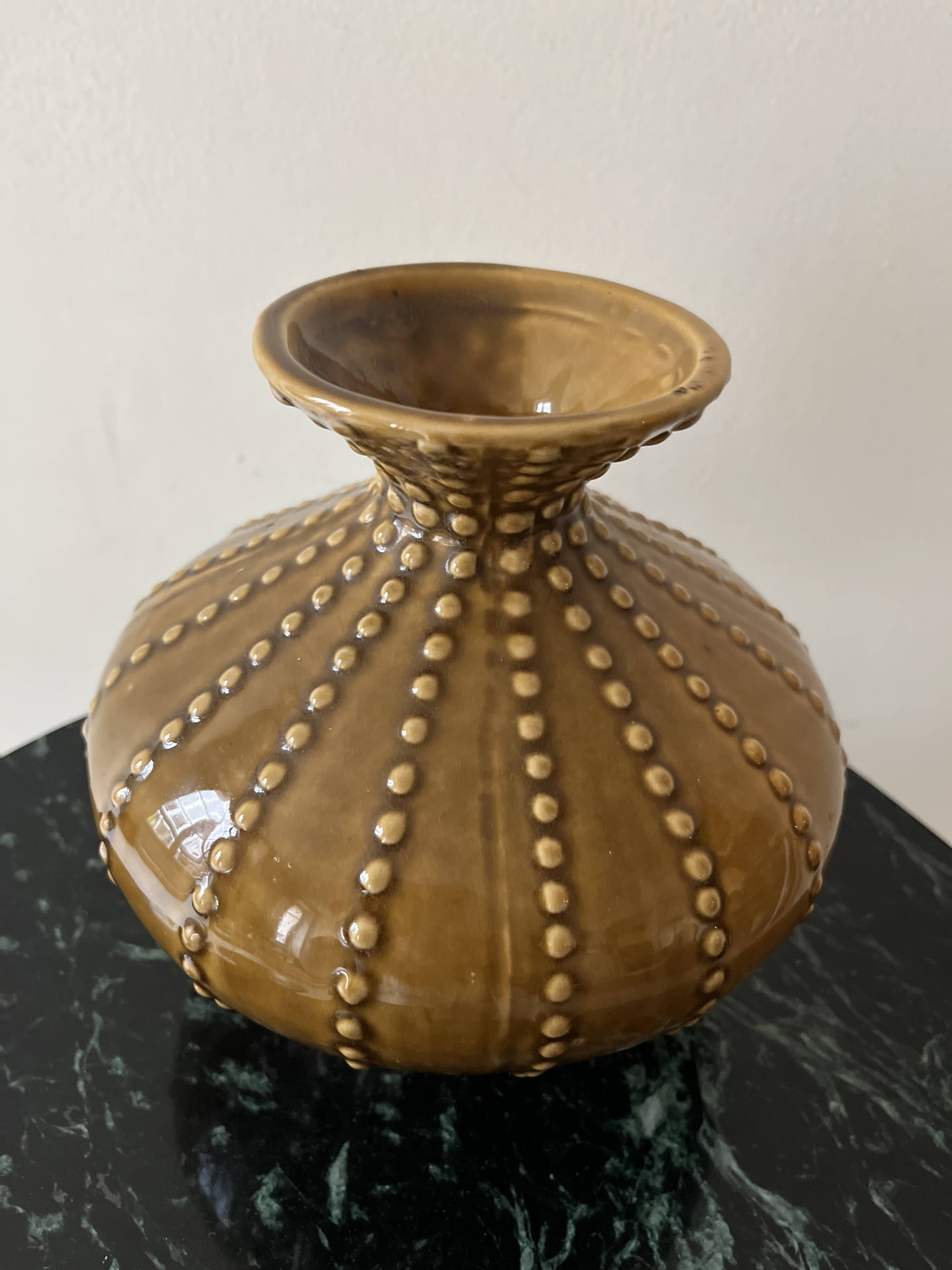 pear-shaped vase in ocher enameled ceramic and pearls