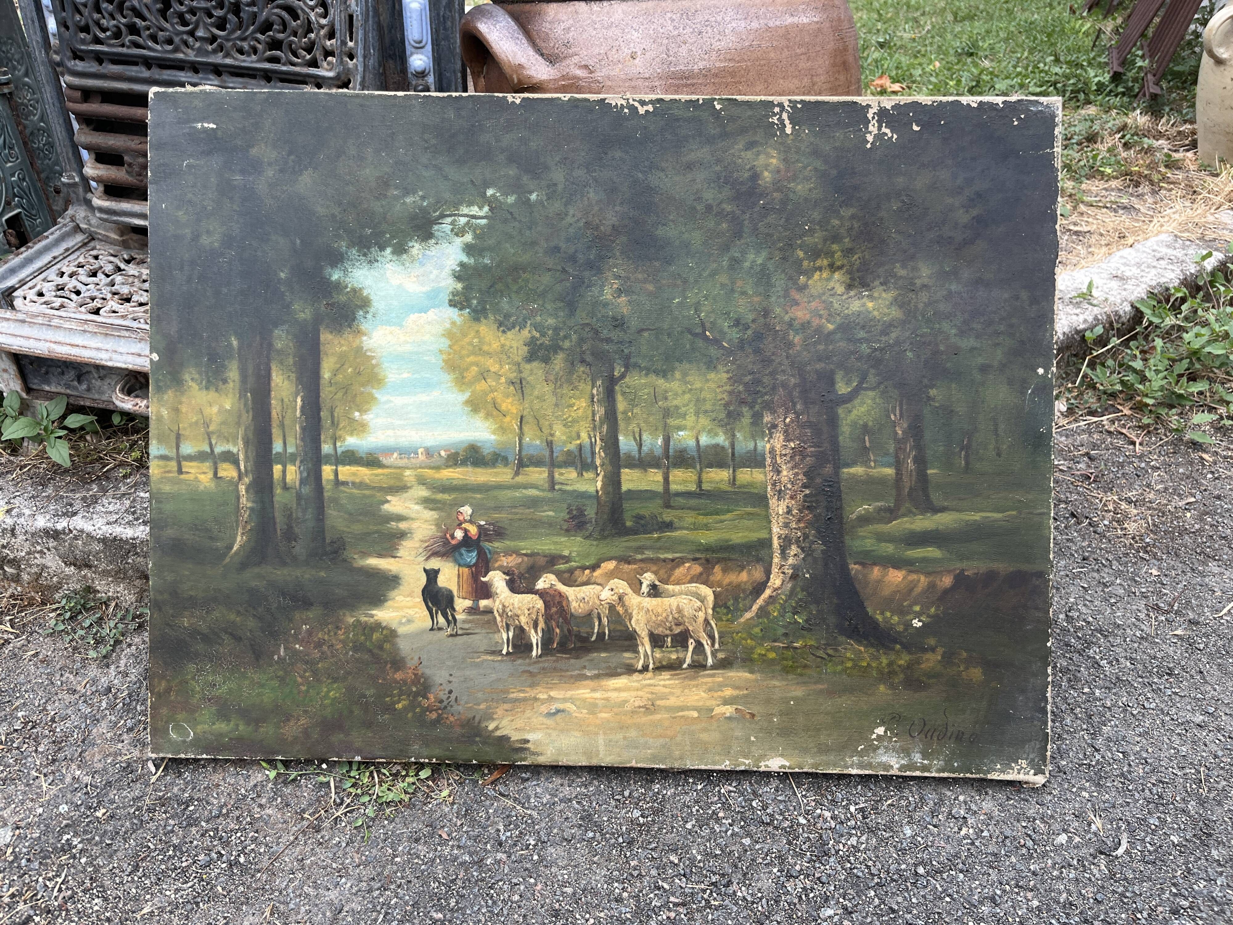 Antique painting 19th century – pastoral scene with shepherdess and sheep, signed P. Oudi