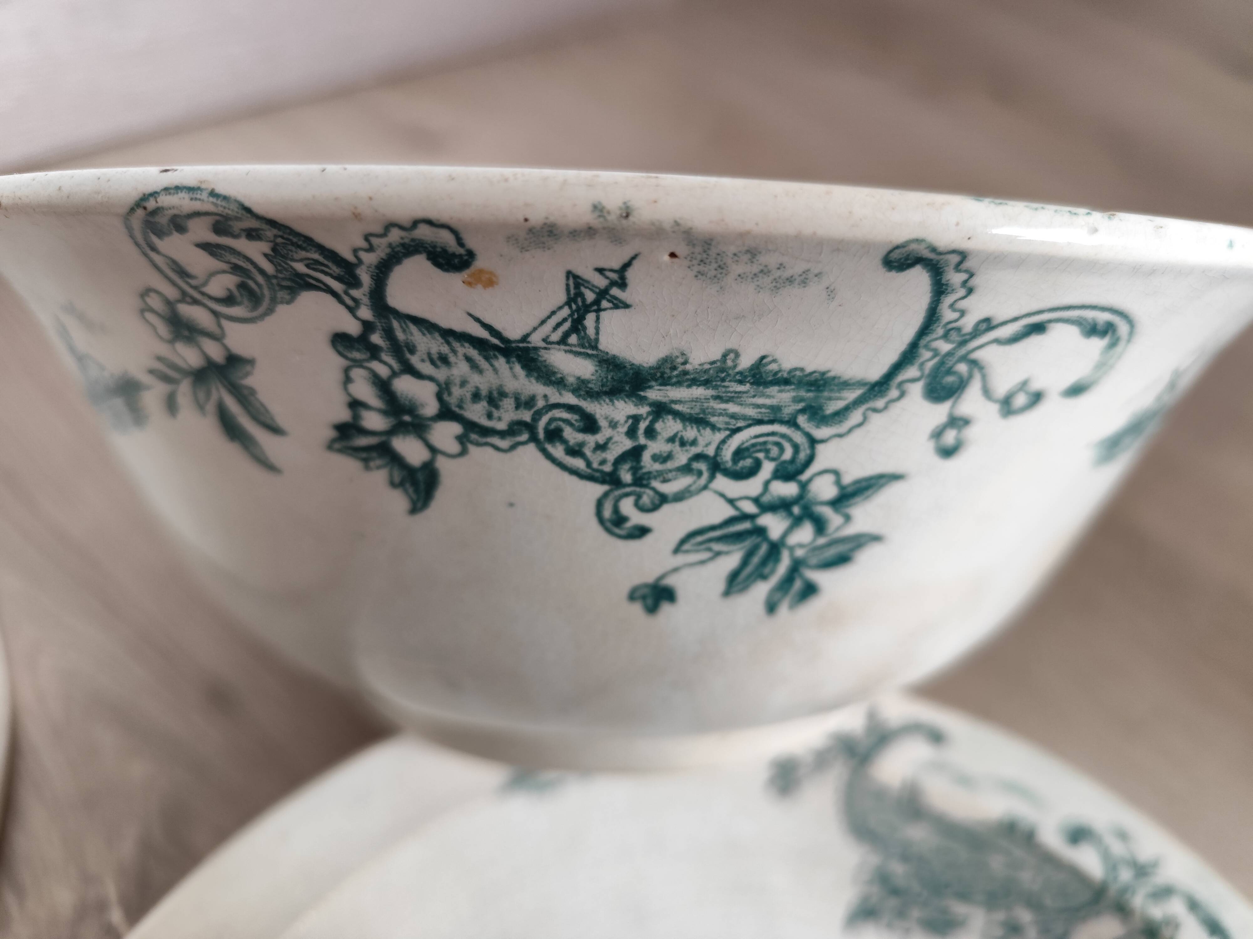 Trio of dishes: Salad bowl, Vegetable dish & Deep plate Faïence de Lyon Model