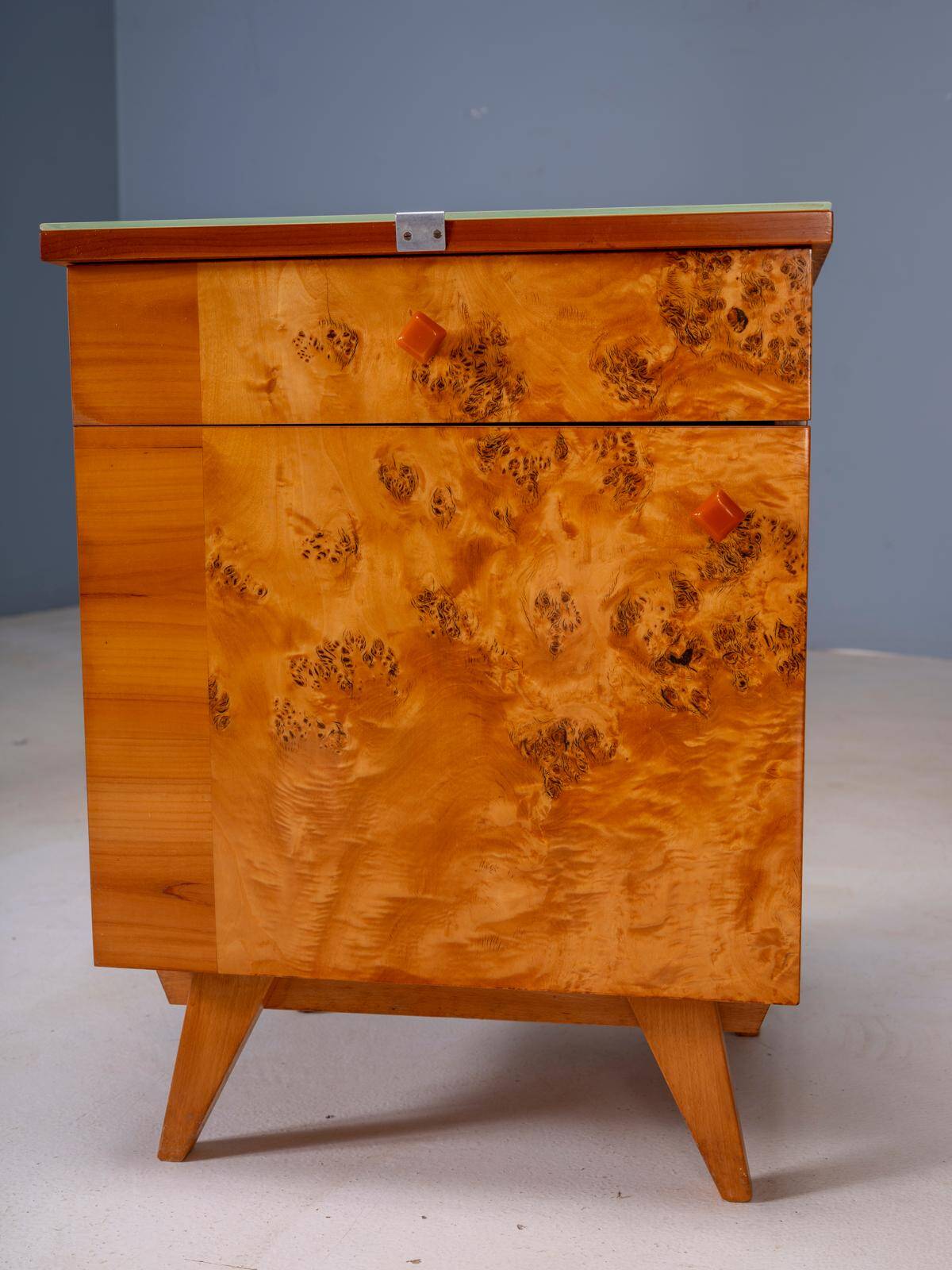 Pair of vintage Czechoslovak bedside cabinets with burl veneer, mid-century modern, 45 × 34 × 45 cm
