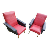 Paire de fauteuils vintage années 60 – Similicuir rouge et noir