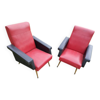 Pair of vintage 60s armchairs – Red and black faux leather