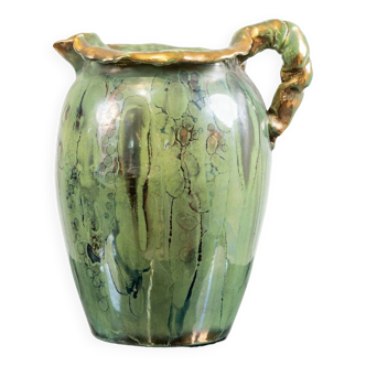 Ceramic green and gold enameled pitcher, Louis Auguste Dage circa 1950.