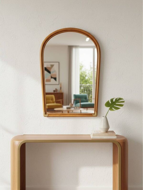 Miroir arche vintage en rotin et bambou (90x61 cm) – Style Riviera, années