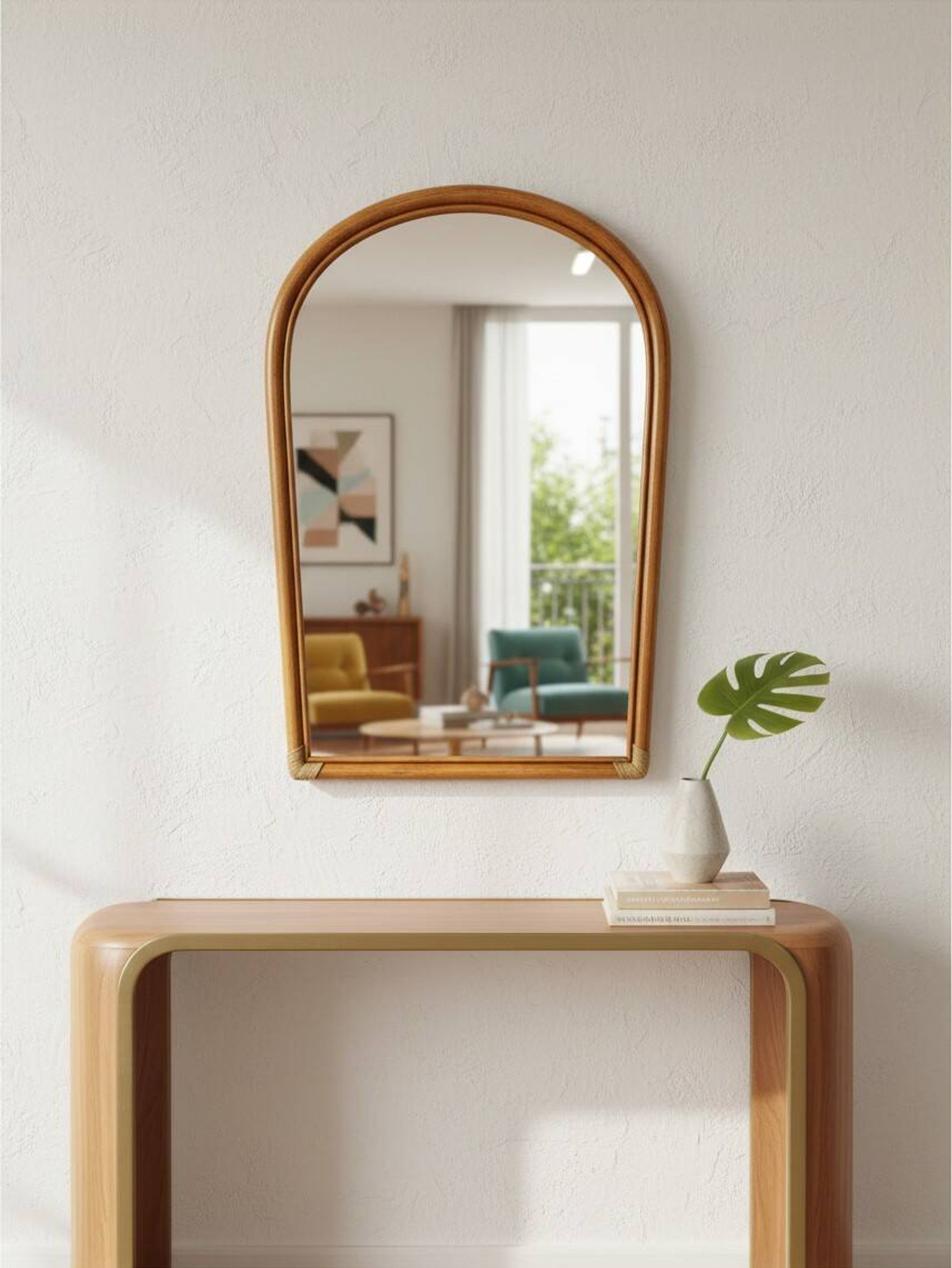 Vintage arch mirror in rattan and bamboo (90x61 cm) – Riviera style, years