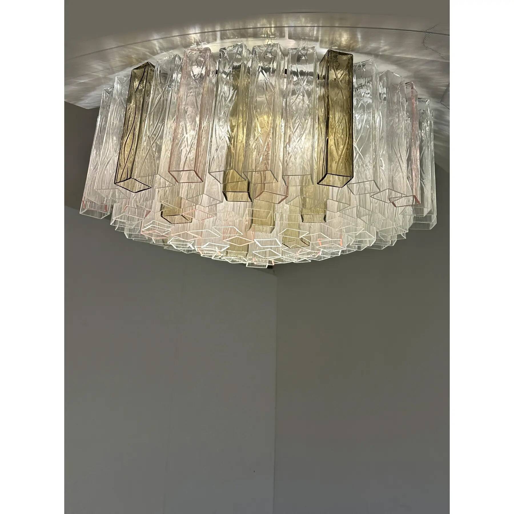 Contemporary Clear, Pink and Fumè “Squares” Murano Glass Flush Mount