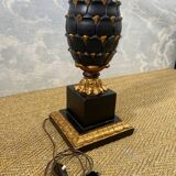 Grande lampe de table ananas en bois sculpté noir et or, France, début du XXe siècle