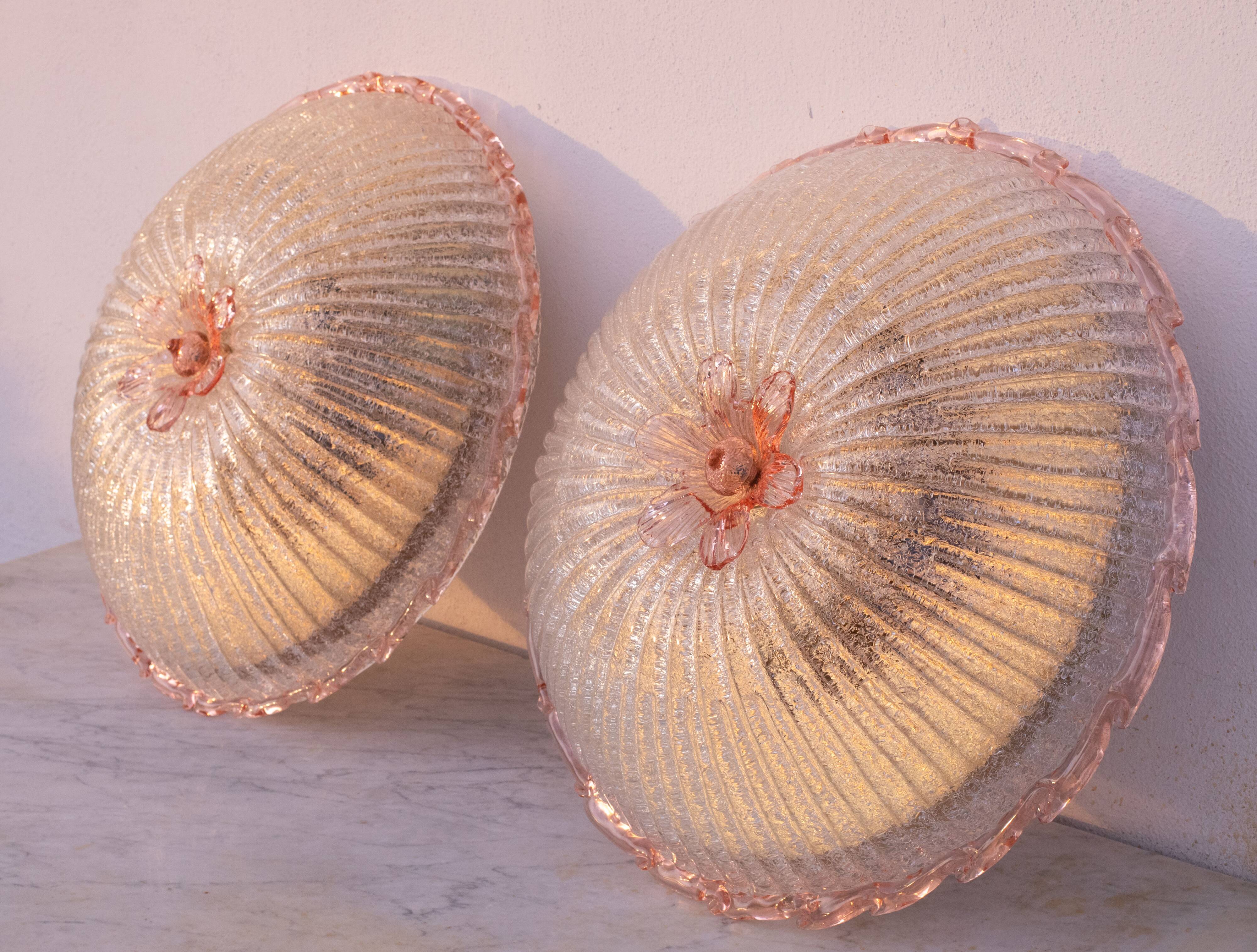 Set of 2 Large Size iItalian Pink and Murano Glass Ceiling Flower