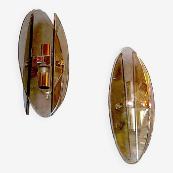 Veca, Pair of smoked glass and chrome wall lights, Italy 1970s