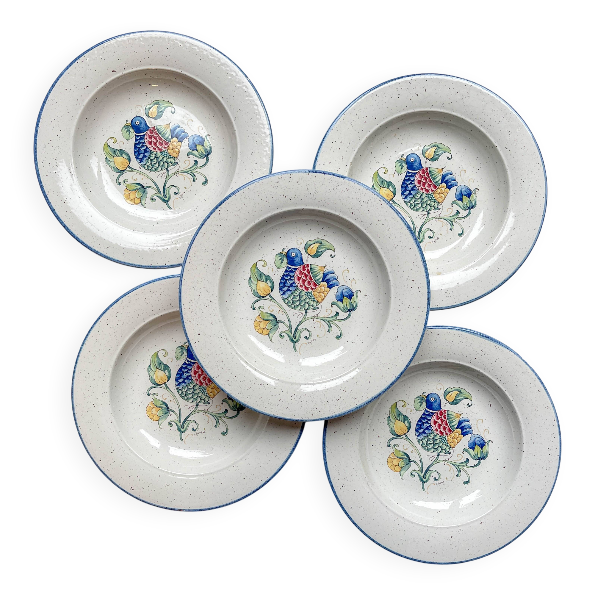5 Italian speckled earthenware "Tiffany" soup plates - vintage bird motif