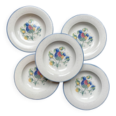 5 assiettes creuses en faïence italienne mouchetée "Tiffany" – motif oiseau vintage