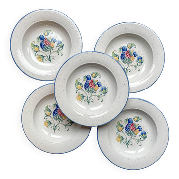 5 Italian speckled earthenware "Tiffany" soup plates - vintage bird motif
