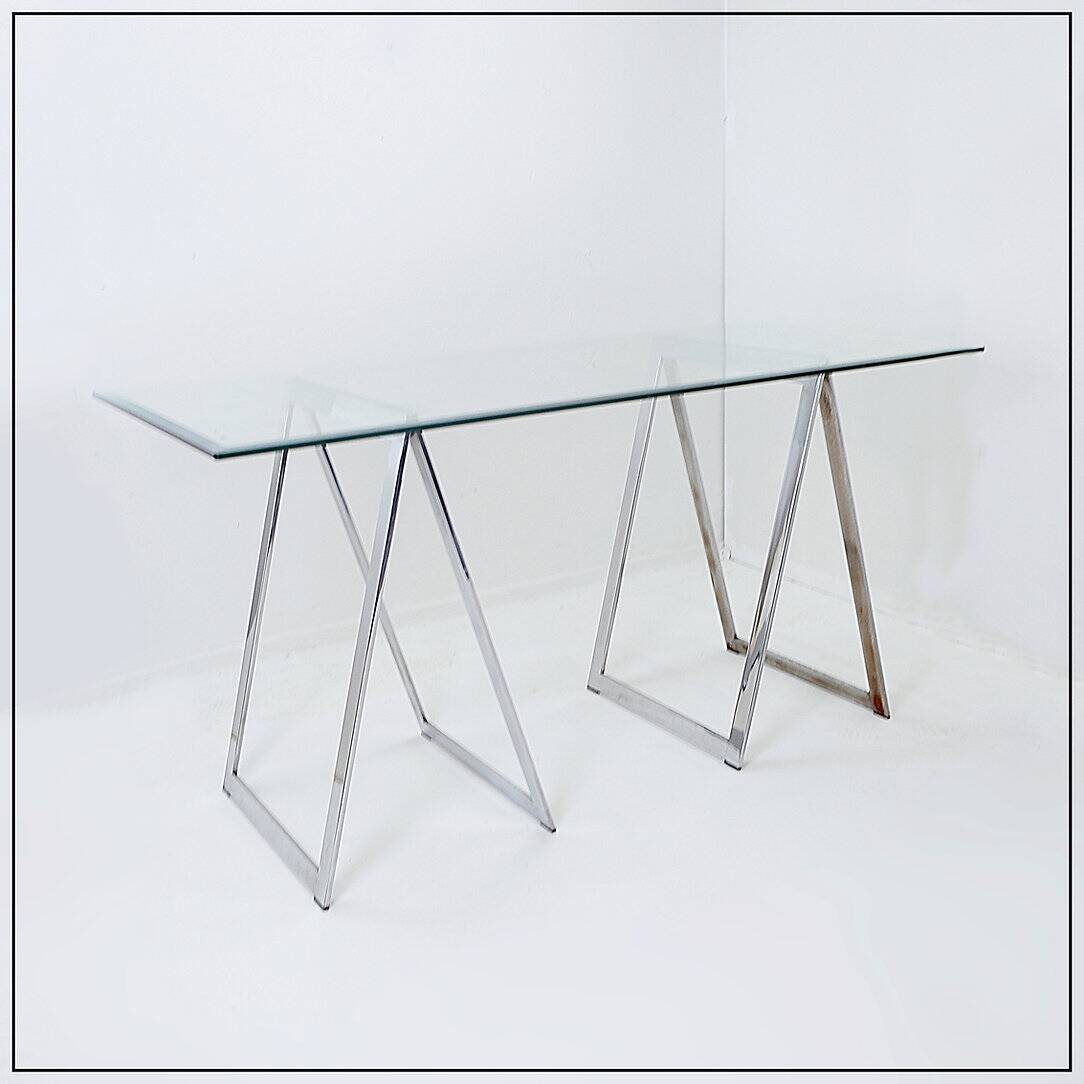 Bureau en verre et métal chromé, 1970