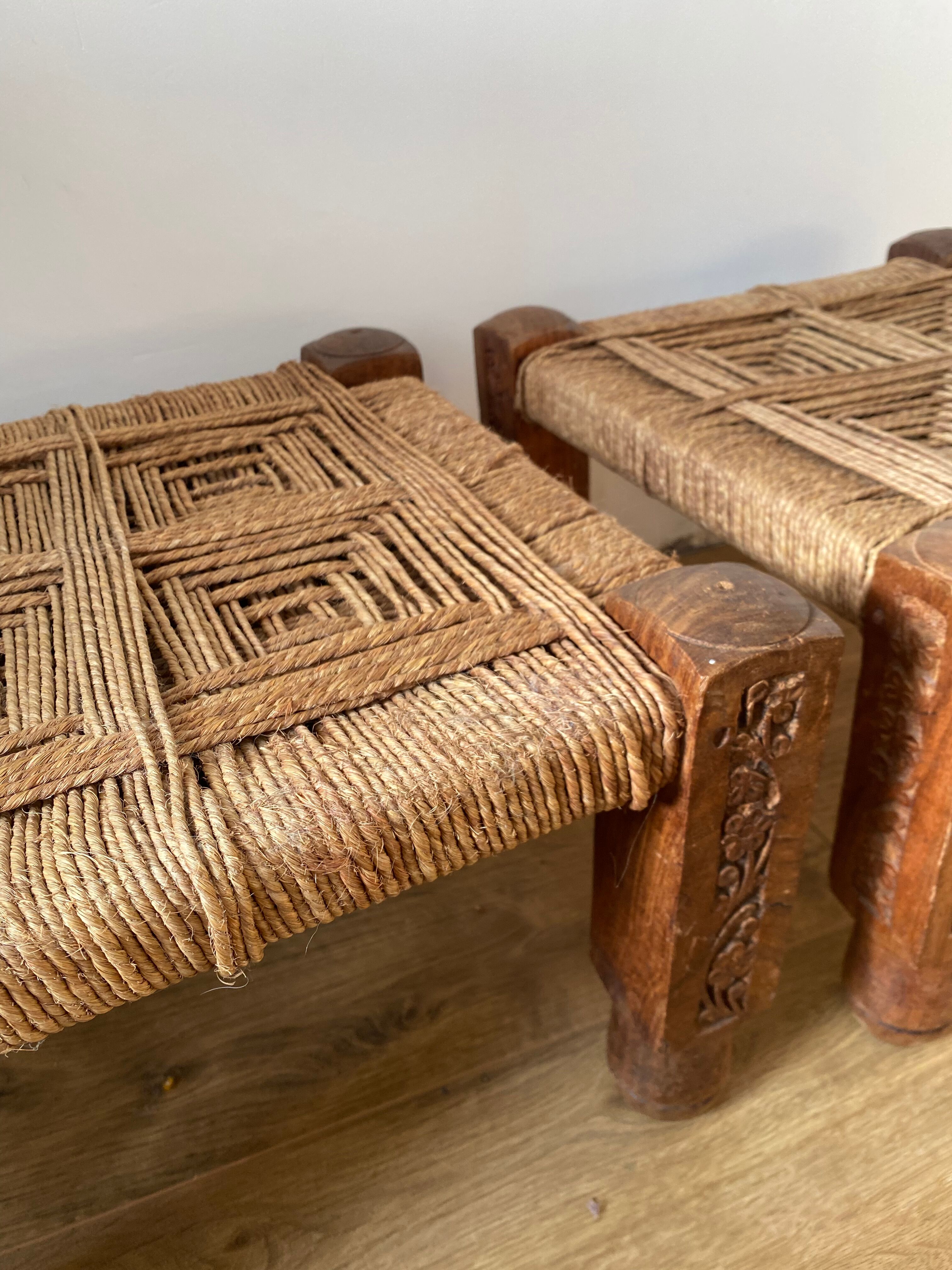 3 wooden and rope charpoy stools