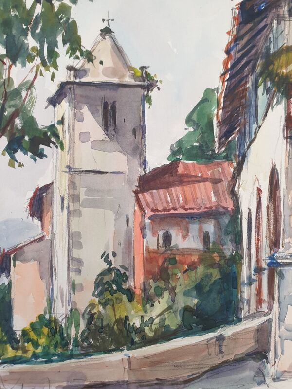 André Duculty (1912-1990) Watercolor on paper "Santa Caterina Del Sasso, Lake Maggiore, Italy" Signed