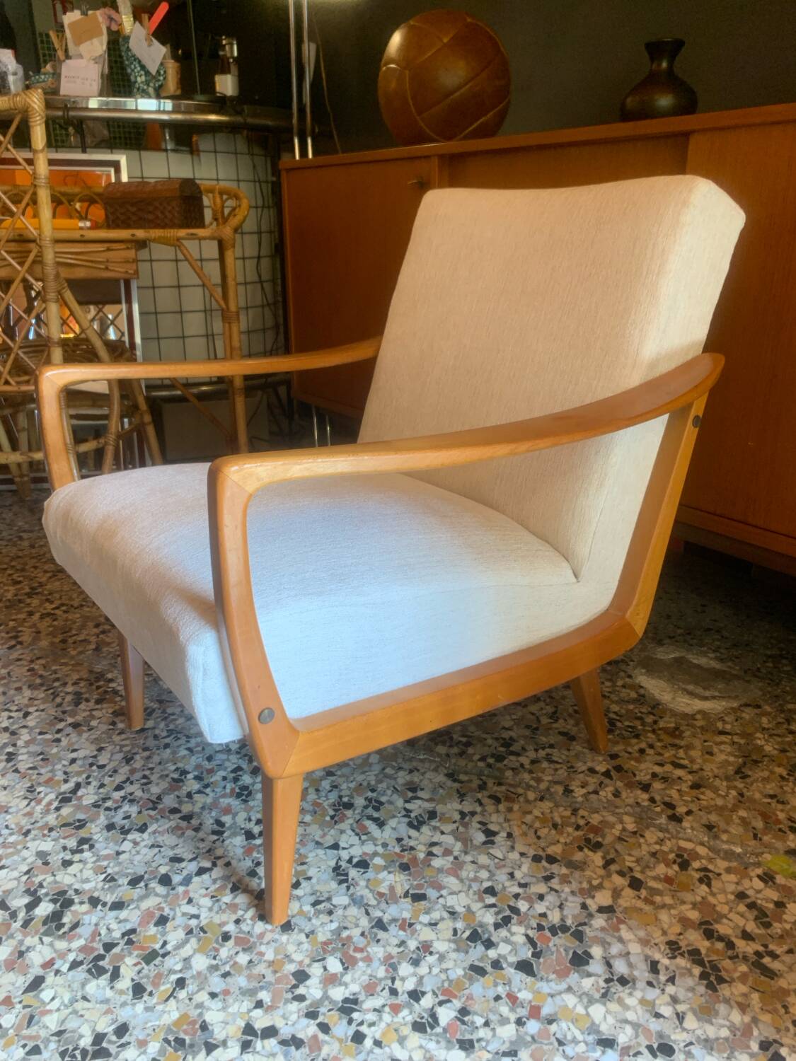 Fauteuil vintage bois et tissu
