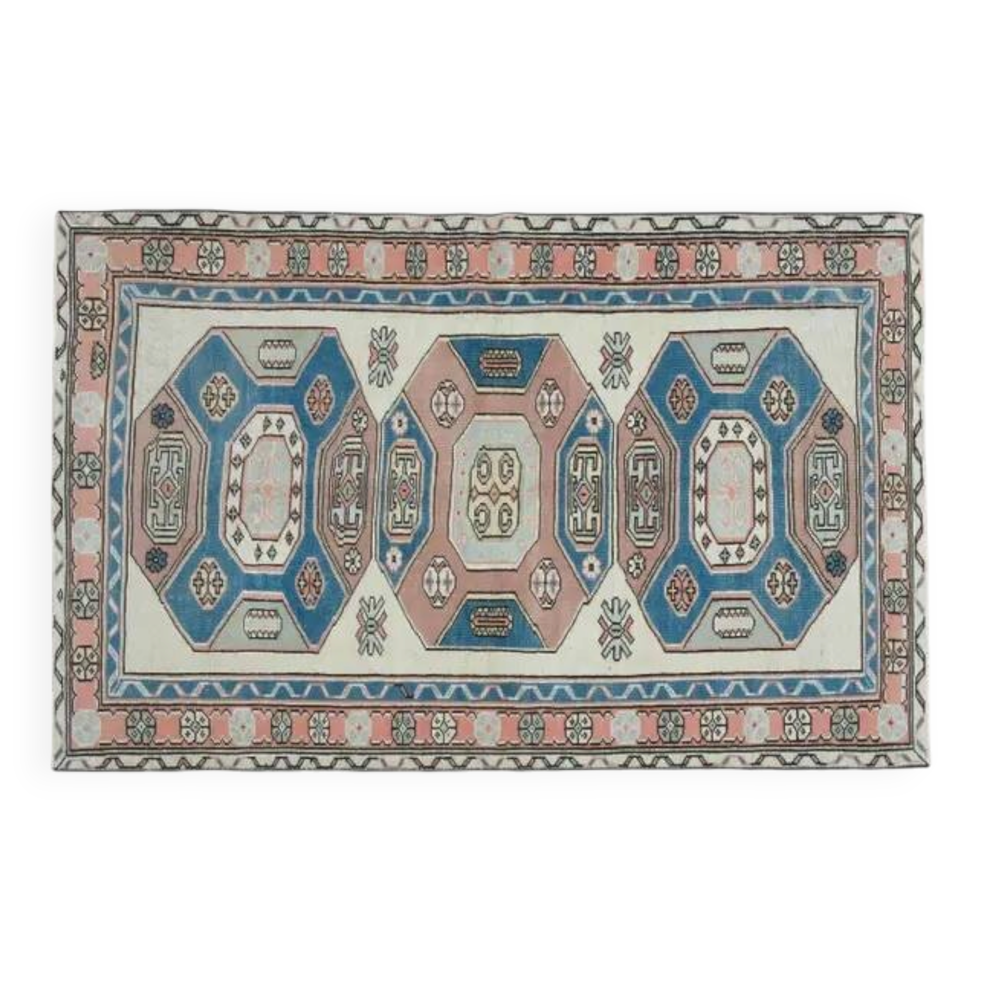 1970s Vintage Turkish Handmade Wool & Cotton Beige Area Rug 115x183