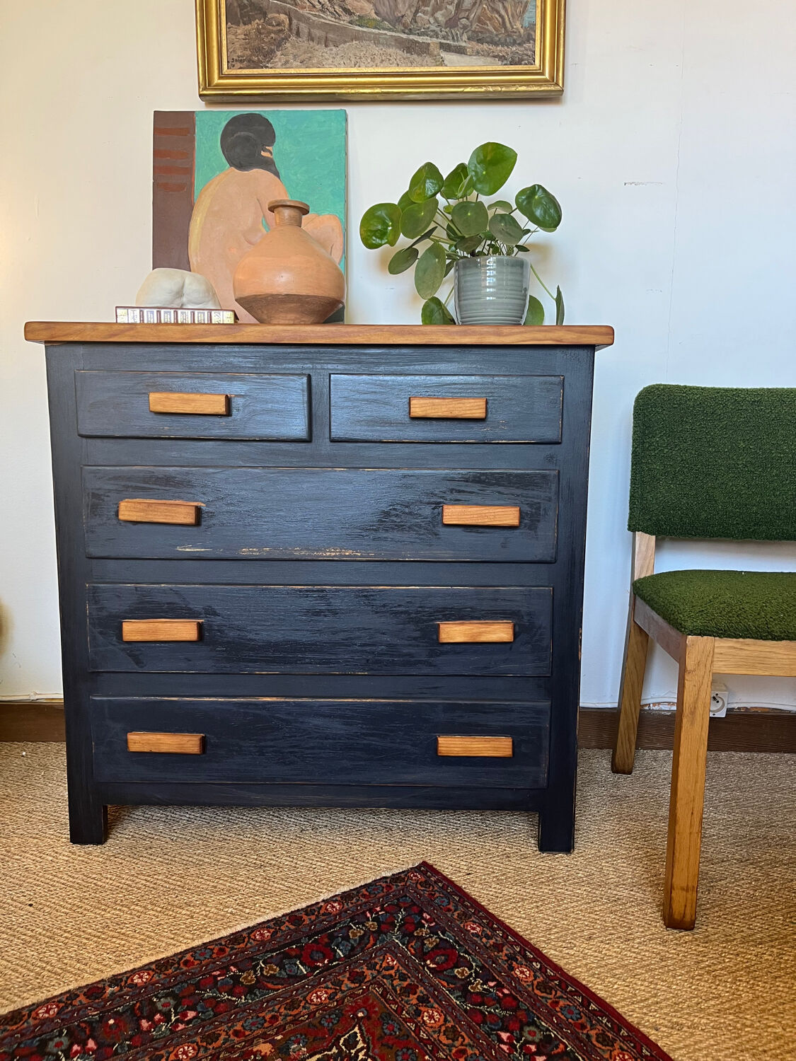 Vintage patinated black craft furniture style chest of drawers