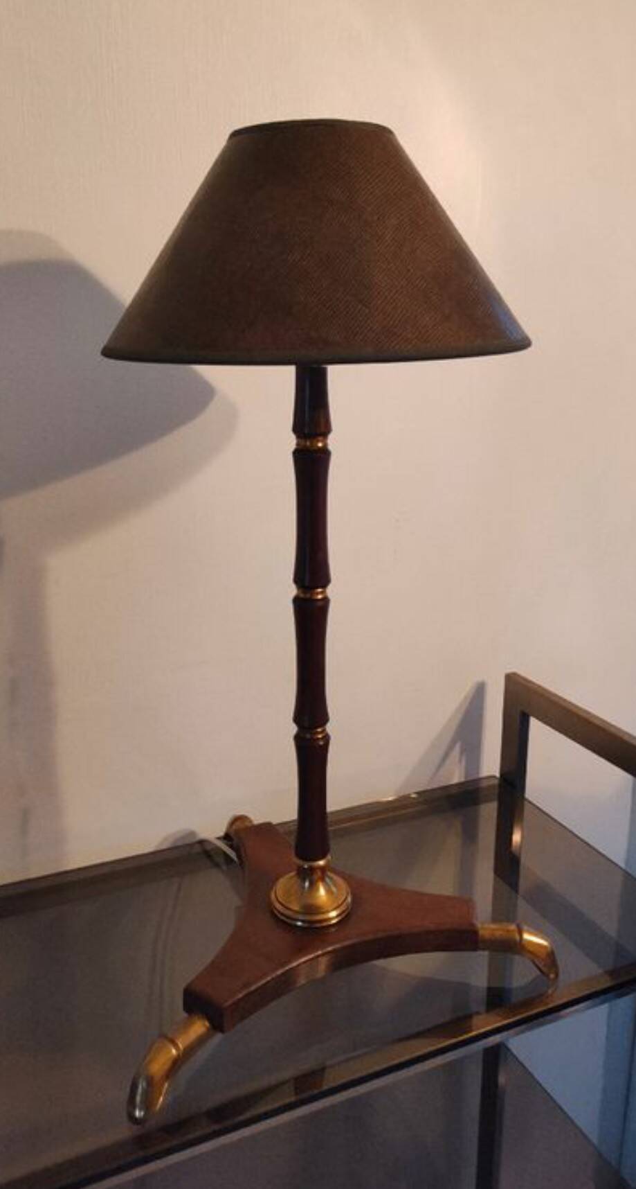 Modernist art deco lamp 1950 wood and brass signed France Paris