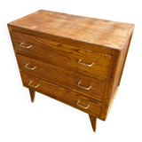 Ancienne Commode Bois 3 Tiroirs Années 70 Pieds Compas Vintage #B773