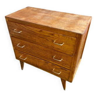 Ancienne Commode Bois 3 Tiroirs Années 70 Pieds Compas Vintage #B773