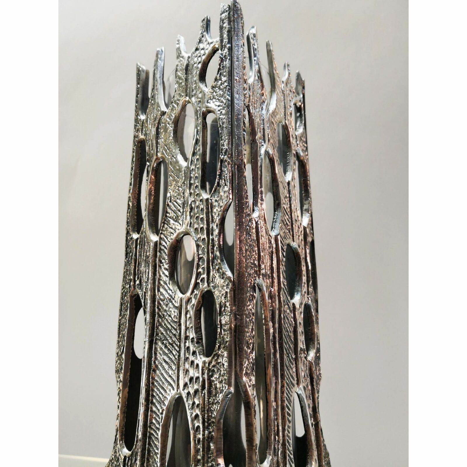 Vase sculpture "Brutalist" in metal with glass vase inside Italy 1970