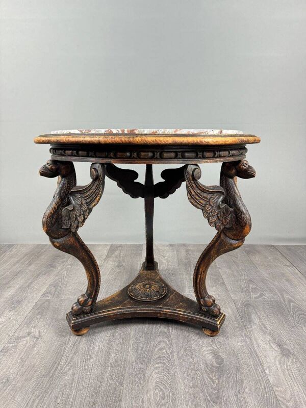 Table Guéridon en bois sculpté avec plateau en marbre, XIXe siècle