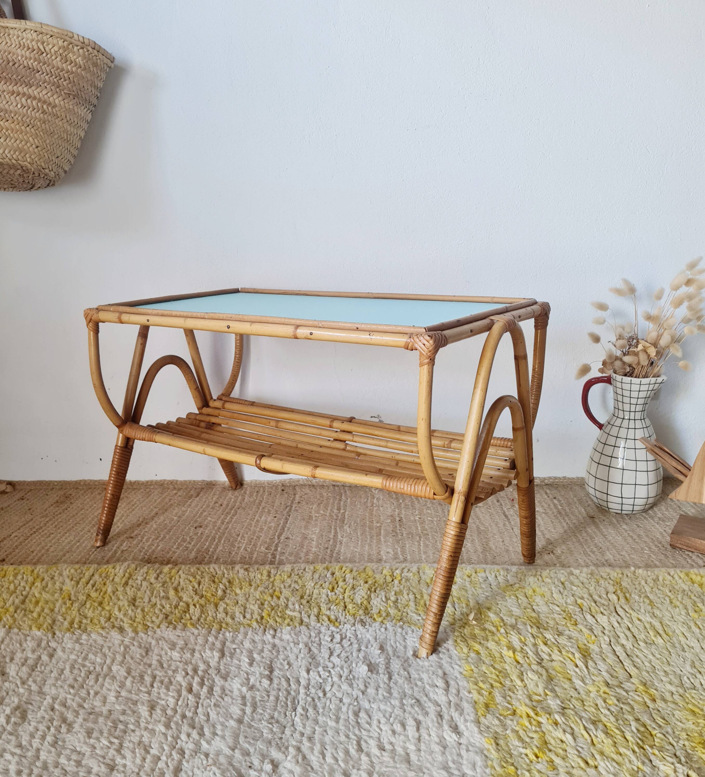1960s rattan coffee table - blue top