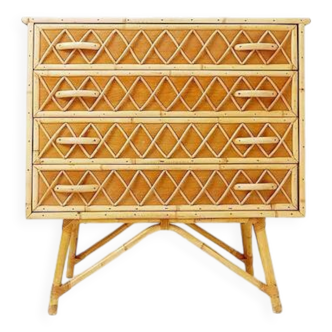 Commode vintage en bambou, rotin et osier à 4 tiroirs