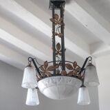 Lustre Art déco en fer forgé et verre Muller Frères Lunéville
