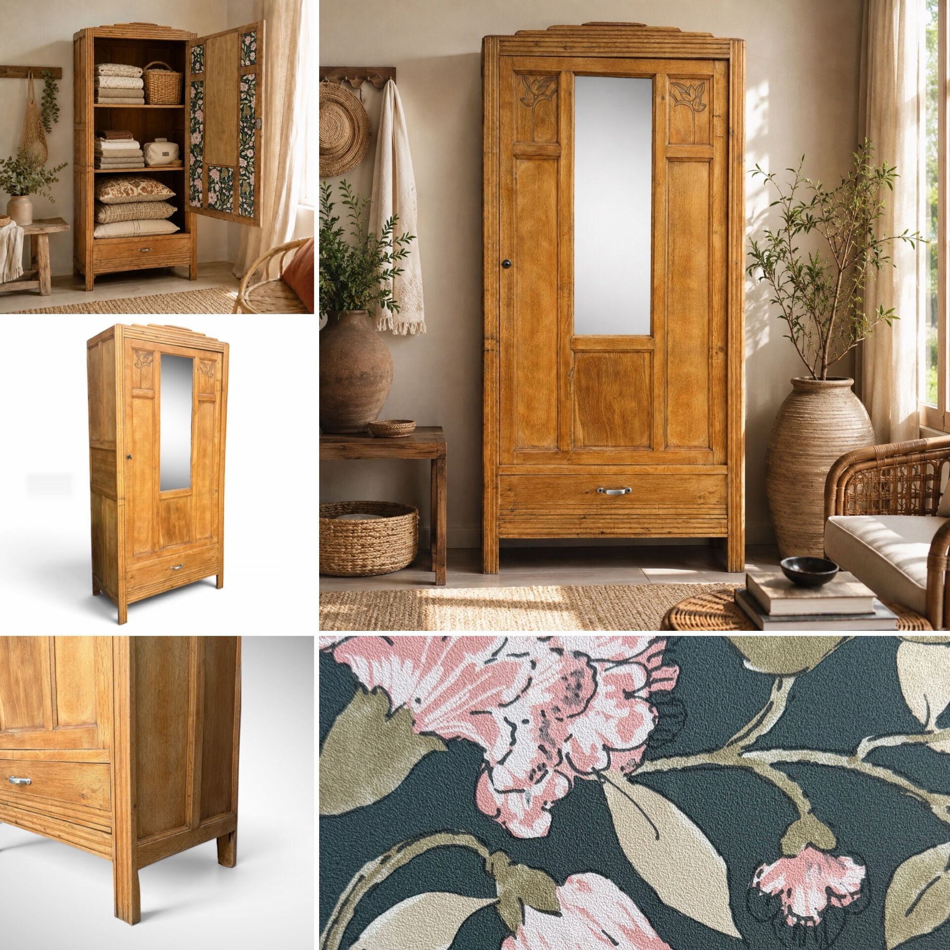 Parisian Art Deco wardrobe in raw oak, renovated.