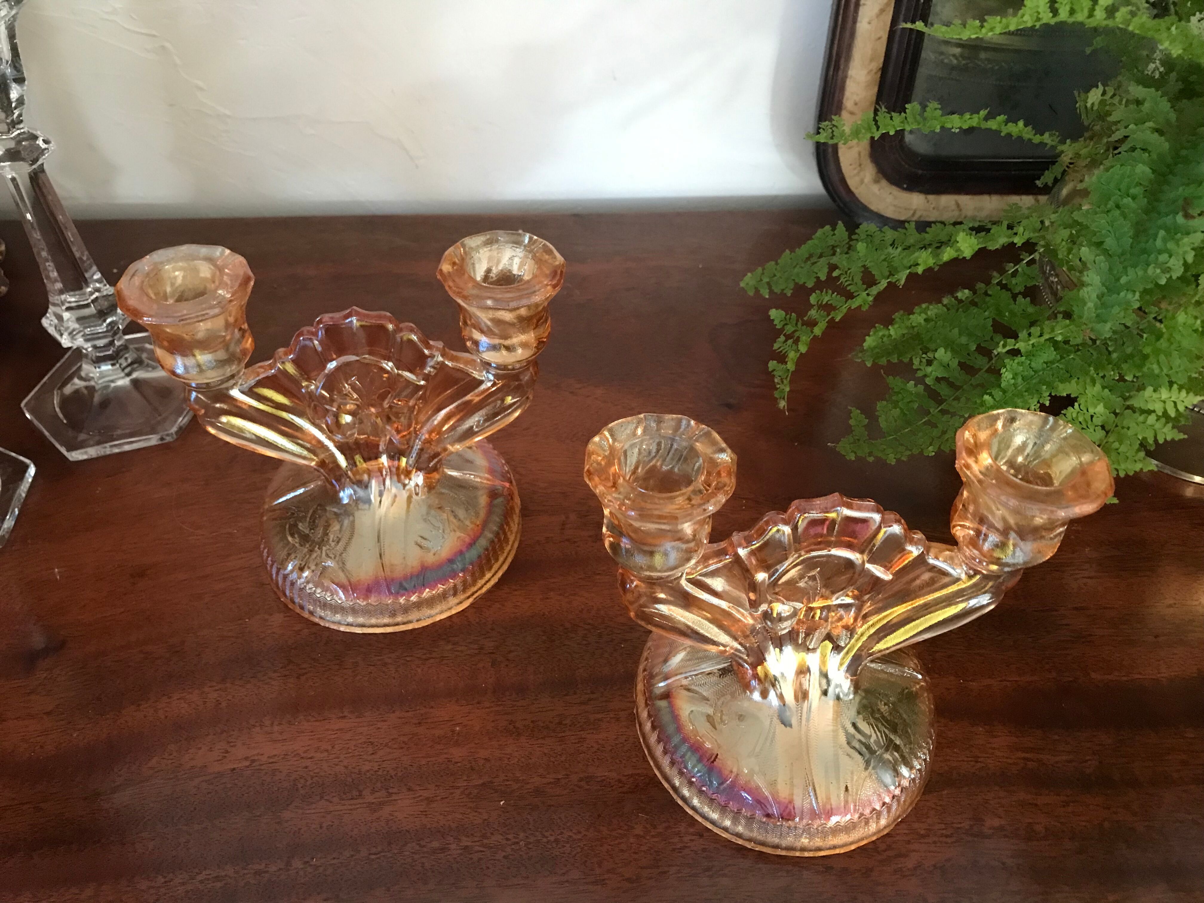pair of Art Deco iridescent glass candle holders
