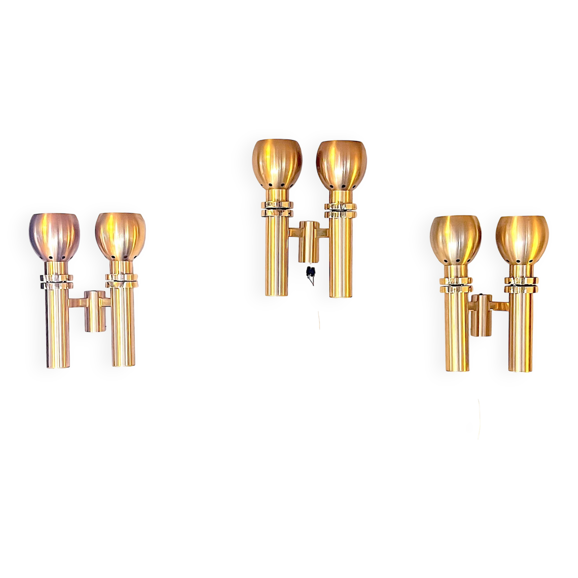 Three Large Scandinavian Brass Sconces, Mid Century