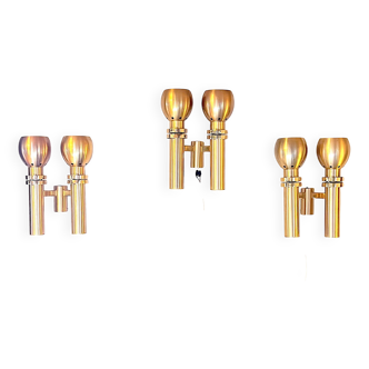 Three Large Scandinavian Brass Sconces, Mid Century