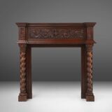 Richly decorated antique fireplace in oak, Belgium ca. 1920