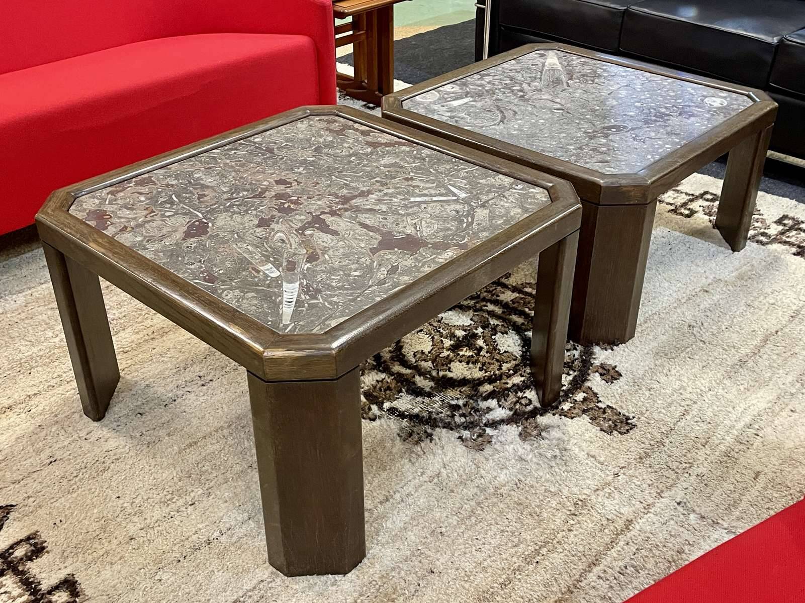 Pair of coffee tables in oak and fossil stone
