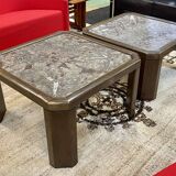 Pair of coffee tables in oak and fossil stone