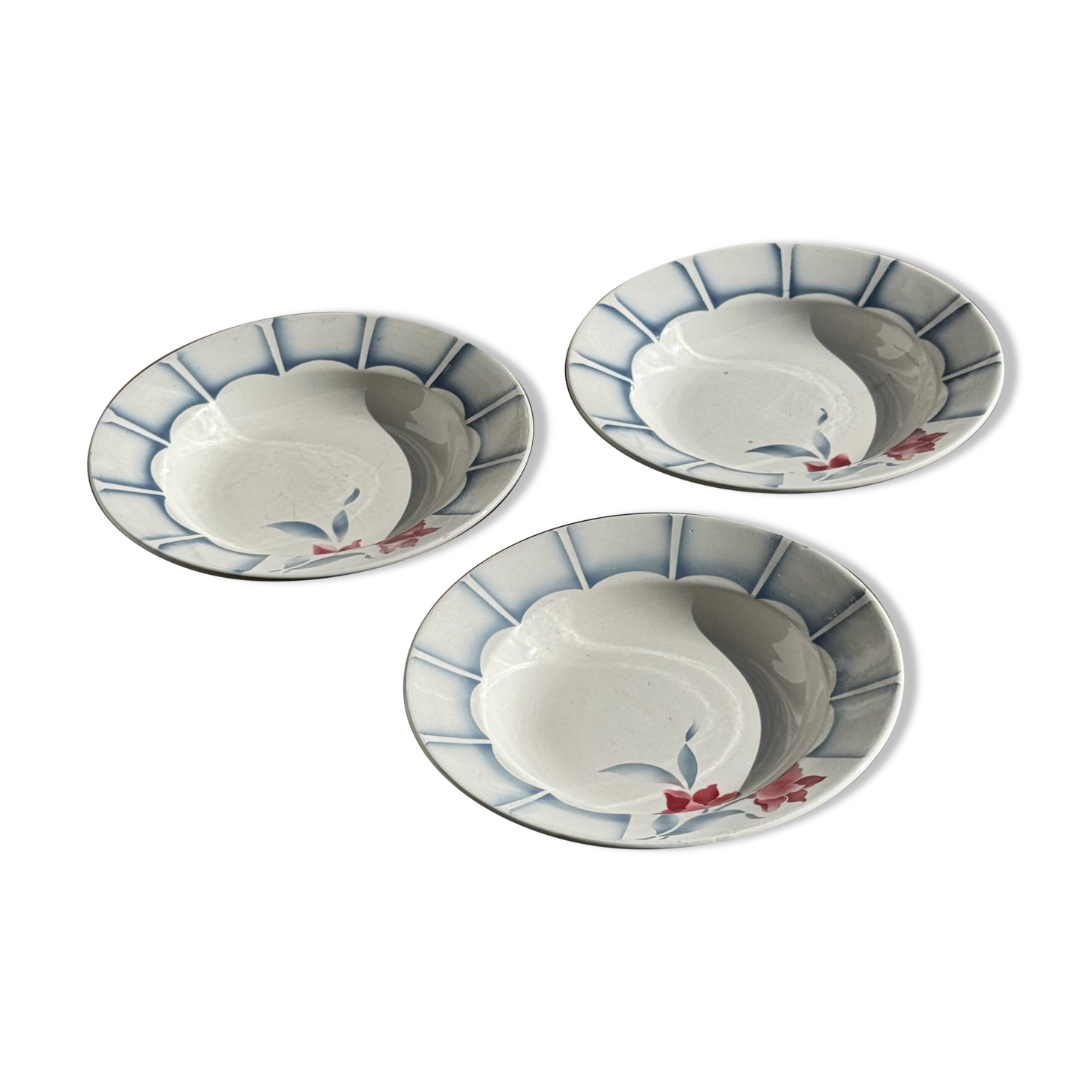Set of 3 deep plates Digoin Sarreguemines blue with pink flowers D23