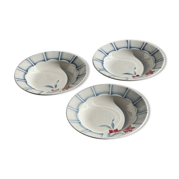 Lot de 3 assiettes creuses Digoin Sarreguemines bleues et fleurs roses D23