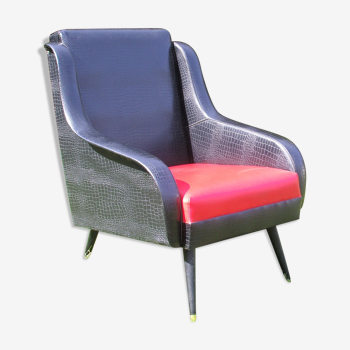 Fauteuil vintage en simili cuir noir et rouge