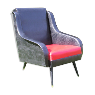 Fauteuil vintage en simili cuir noir et rouge