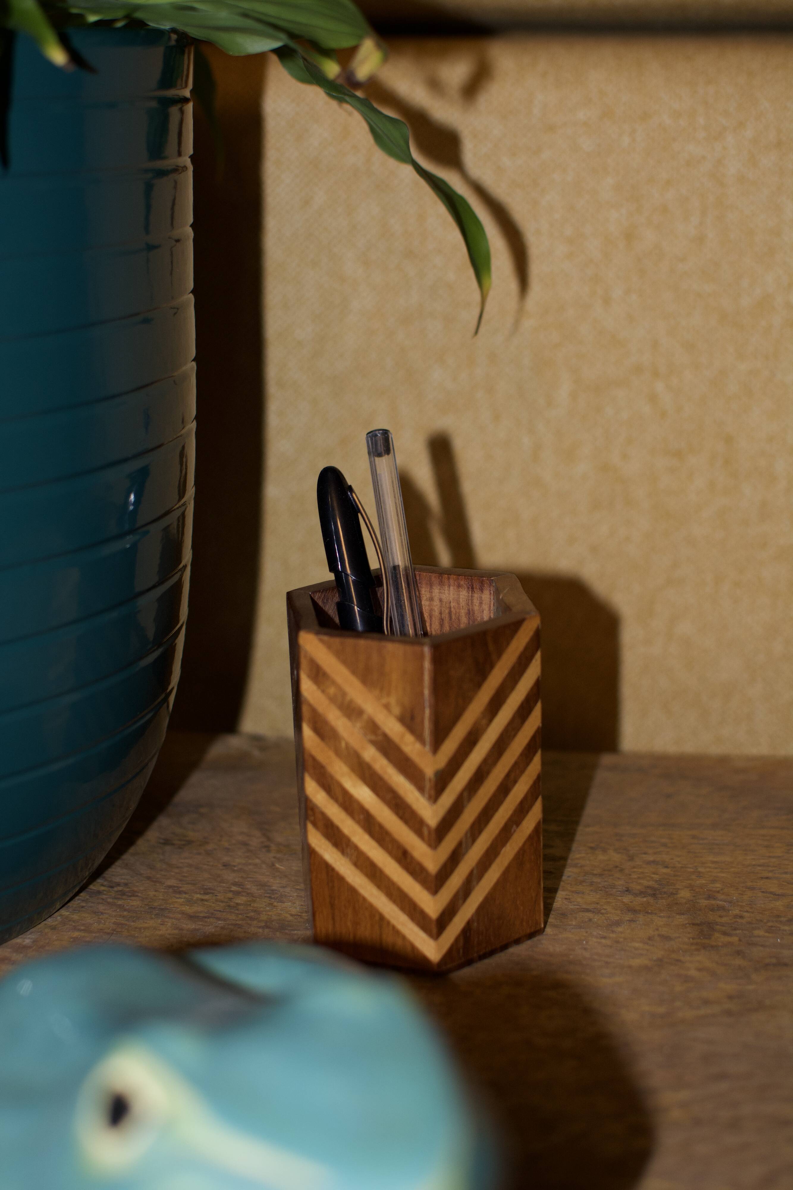Vintage marquetry pencil pot
